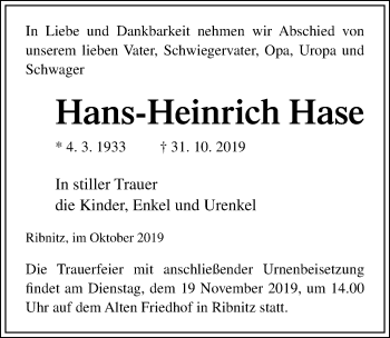 Traueranzeige von Hans-Heinrich Hase von Ostsee-Zeitung GmbH