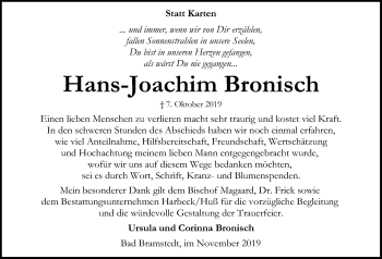 Traueranzeige von Hans-Joachim Bronisch von Kieler Nachrichten