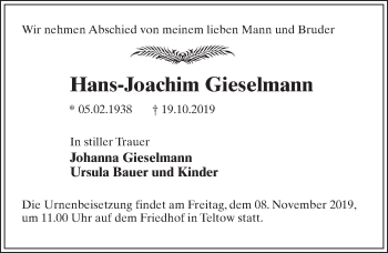 Traueranzeige von Hans-Joachim Gieselmann von Märkischen Allgemeine Zeitung