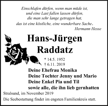 Traueranzeige von Hans-Jürgen Raddatz von Ostsee-Zeitung GmbH