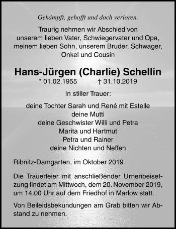 Traueranzeige von Hans-Jürgen Schellin von Ostsee-Zeitung GmbH