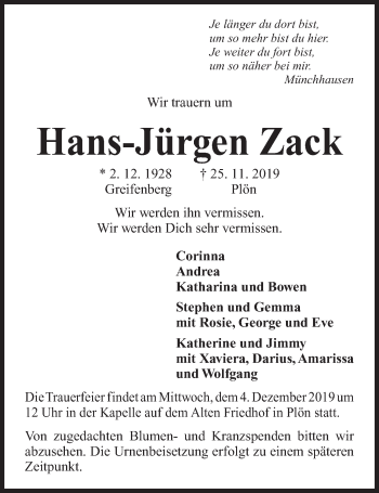 Traueranzeige von Hans-Jürgen Zack von Kieler Nachrichten