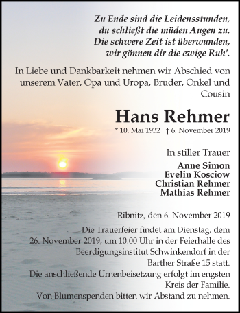 Traueranzeige von Hans Rehmer von Ostsee-Zeitung GmbH