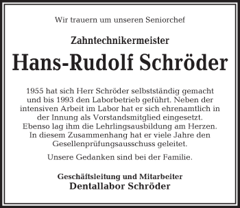 Traueranzeige von Hans-Rudolf Schröder von Kieler Nachrichten