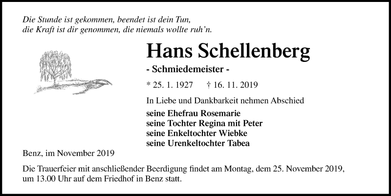  Traueranzeige für Hans Schellenberg vom 20.11.2019 aus Ostsee-Zeitung GmbH