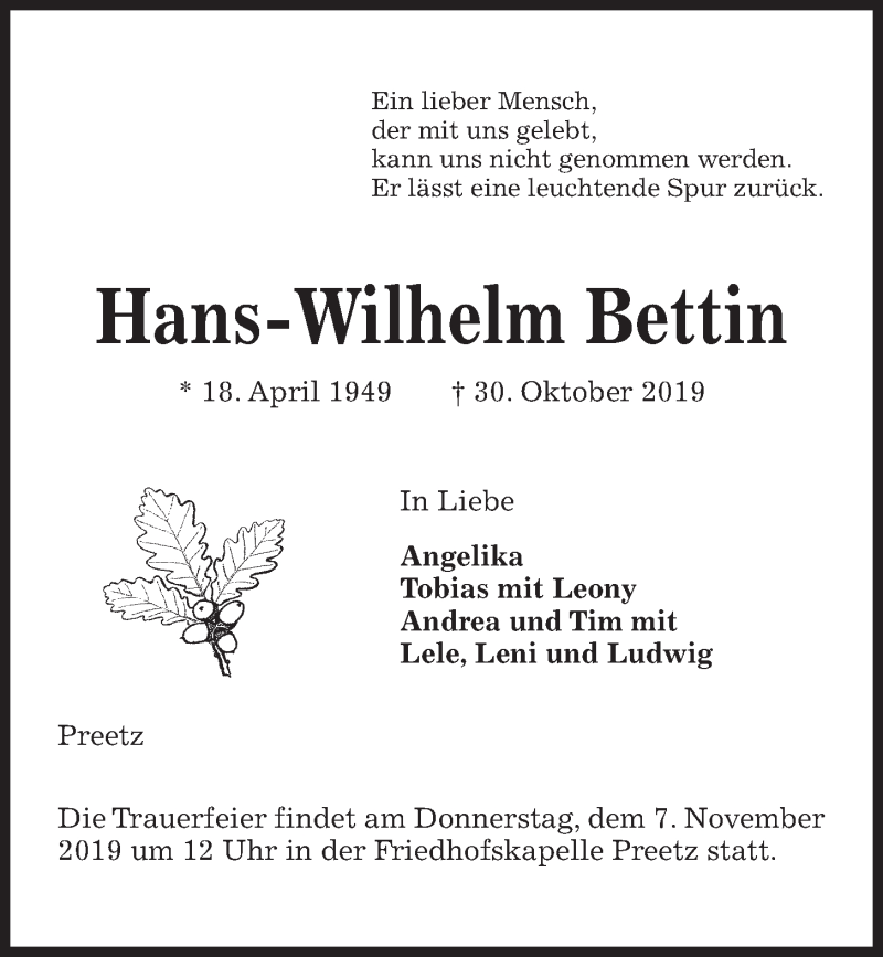  Traueranzeige für Hans-Wilhelm Bettin vom 02.11.2019 aus Kieler Nachrichten
