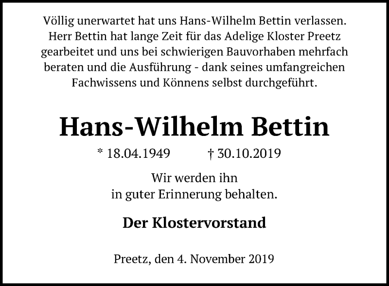  Traueranzeige für Hans-Wilhelm Bettin vom 06.11.2019 aus Kieler Nachrichten