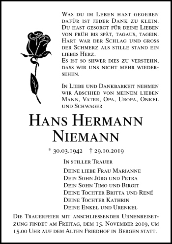 Traueranzeige von Hans Hermann Niemann von Ostsee-Zeitung GmbH