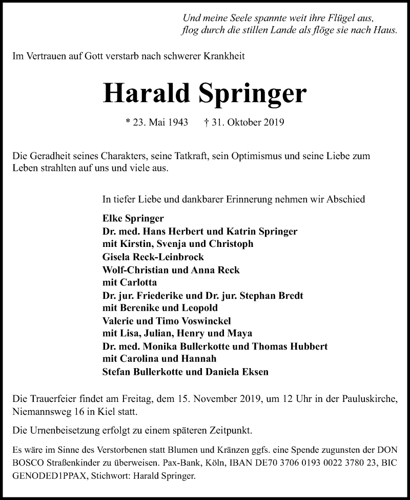  Traueranzeige für Harald Springer vom 09.11.2019 aus Kieler Nachrichten
