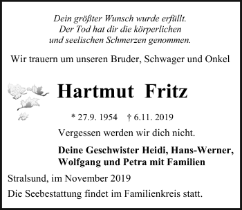 Traueranzeige von Hartmut Fritz von Ostsee-Zeitung GmbH