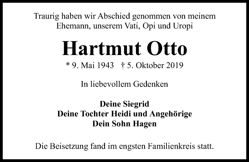  Traueranzeige für Hartmut Otto vom 09.11.2019 aus Märkischen Allgemeine Zeitung