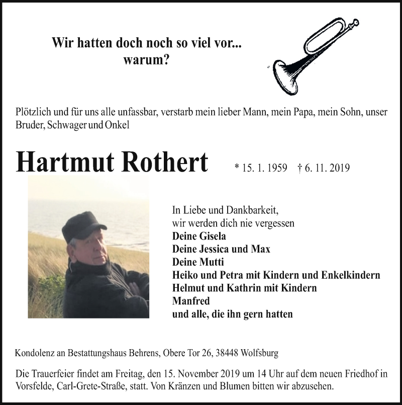  Traueranzeige für Hartmut Rothert vom 09.11.2019 aus Aller Zeitung