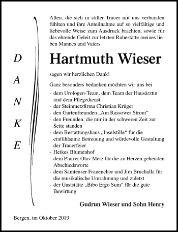 Traueranzeige von Hartmuth Wieser von Ostsee-Zeitung GmbH