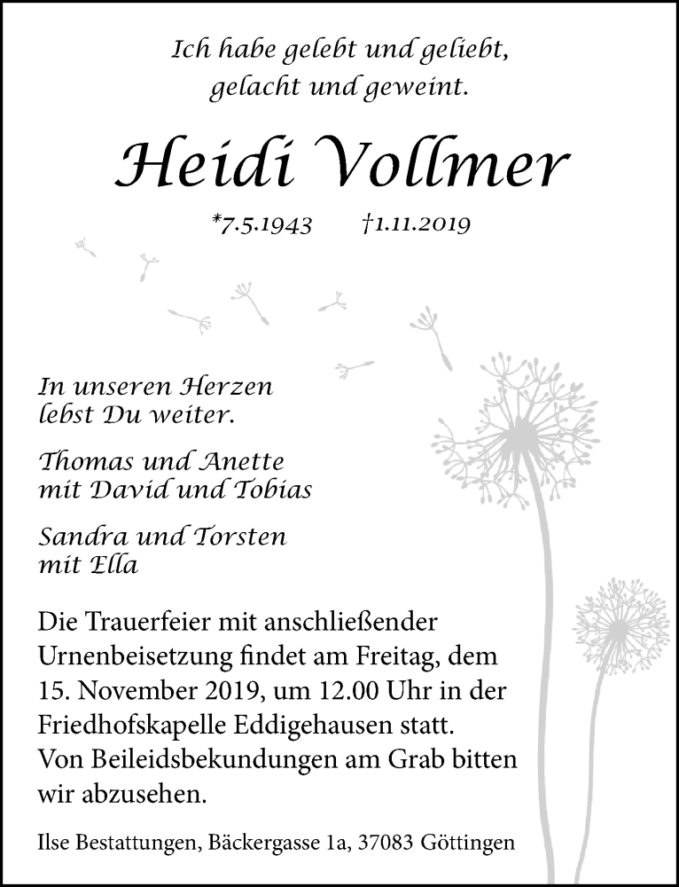  Traueranzeige für Heidi Vollmer vom 09.11.2019 aus Göttinger Tageblatt