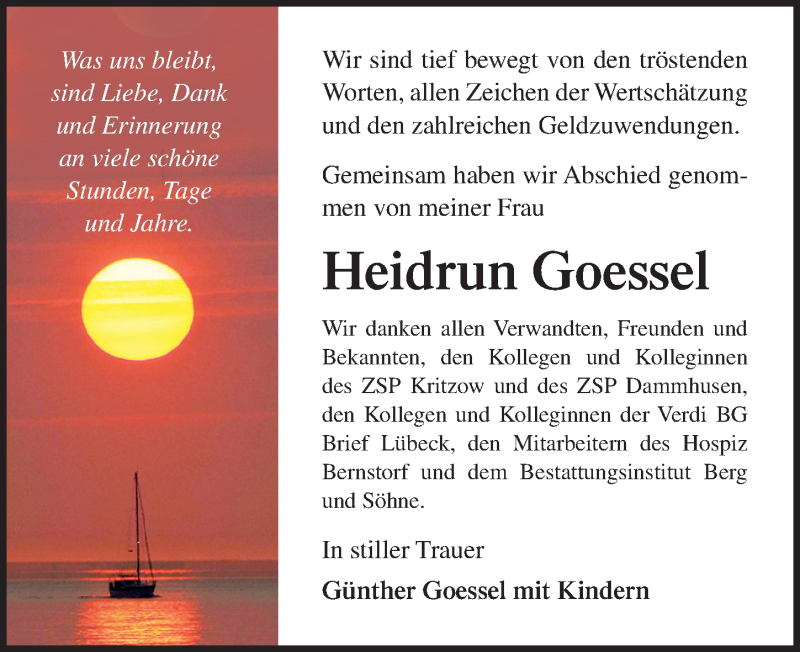  Traueranzeige für Heidrun Goessel vom 30.11.2019 aus Ostsee-Zeitung GmbH