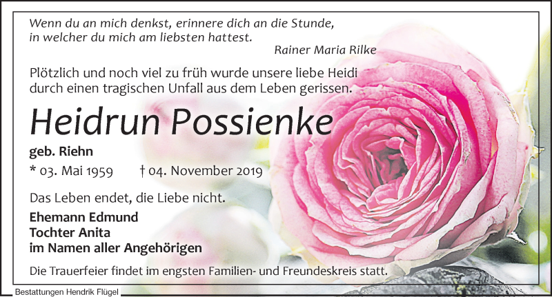  Traueranzeige für Heidrun Possienke vom 16.11.2019 aus Leipziger Volkszeitung