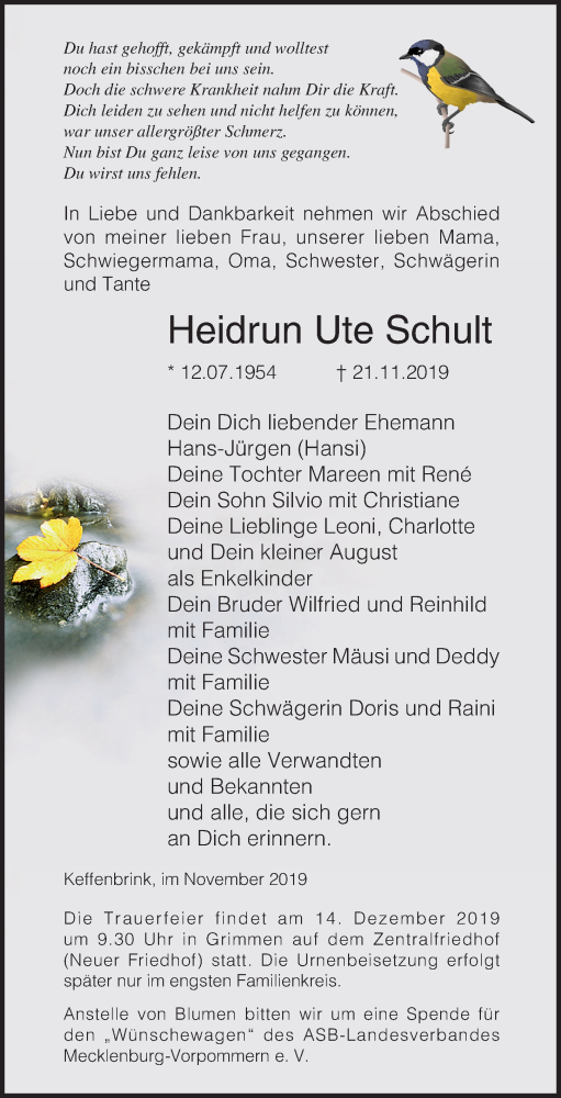  Traueranzeige für Heidrun Ute Schult vom 30.11.2019 aus Ostsee-Zeitung GmbH
