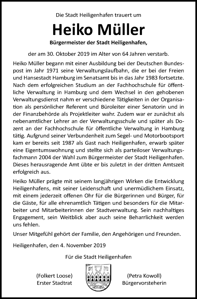  Traueranzeige für Heiko Müller vom 06.11.2019 aus Lübecker Nachrichten