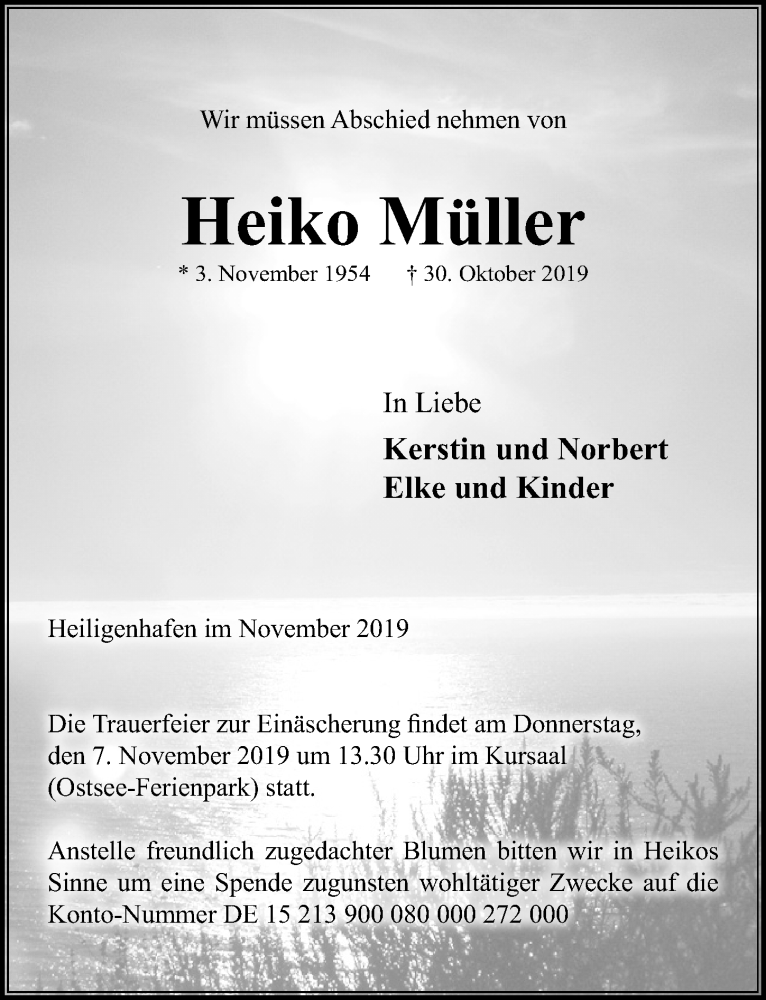  Traueranzeige für Heiko Müller vom 05.11.2019 aus Lübecker Nachrichten