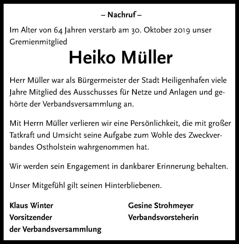  Traueranzeige für Heiko Müller vom 06.11.2019 aus Lübecker Nachrichten