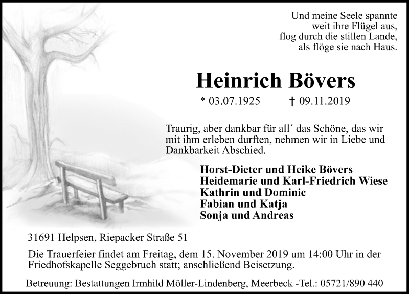  Traueranzeige für Heinrich Bövers vom 12.11.2019 aus Schaumburger Nachrichten