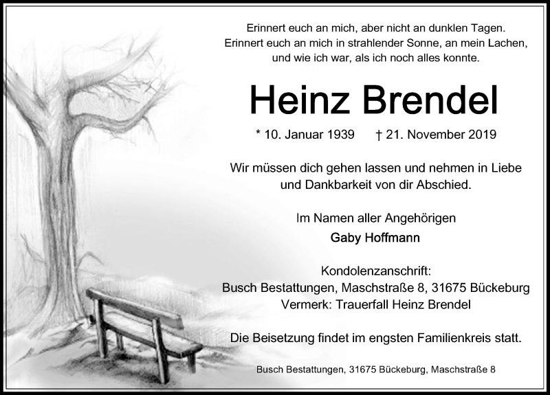  Traueranzeige für Heinz Brendel vom 30.11.2019 aus Schaumburger Nachrichten