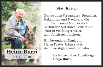 Traueranzeige von Heinz Burri von Aller Zeitung