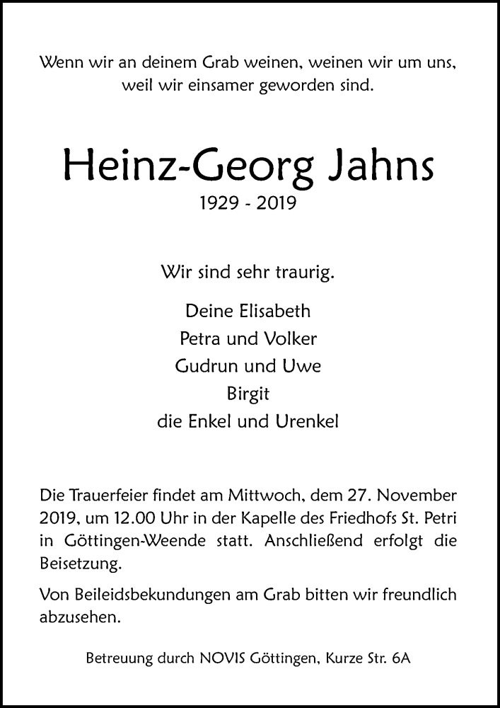  Traueranzeige für Heinz-Georg Jahns vom 23.11.2019 aus Göttinger Tageblatt