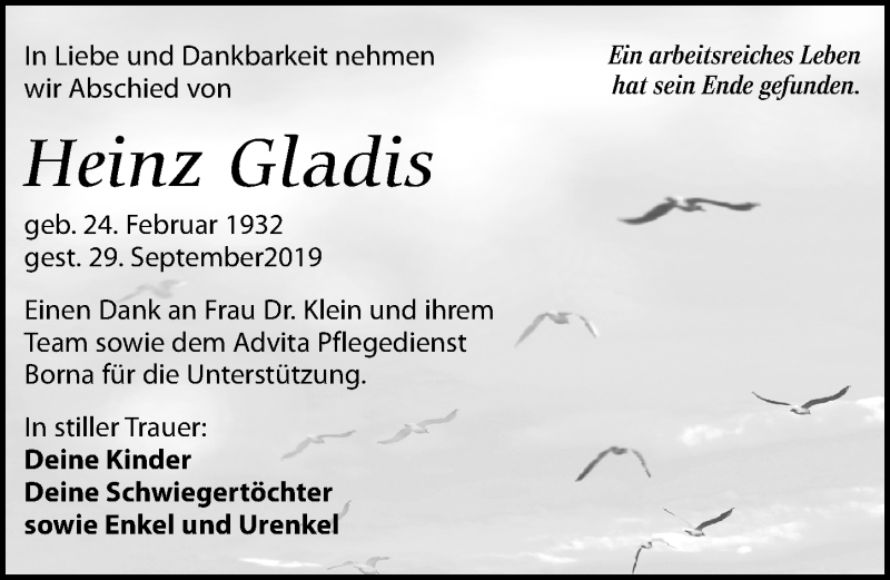  Traueranzeige für Heinz Gladis vom 02.11.2019 aus Leipziger Volkszeitung
