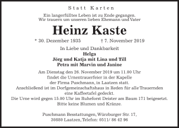 Traueranzeige von Heinz Kaste von Hannoversche Allgemeine Zeitung/Neue Presse