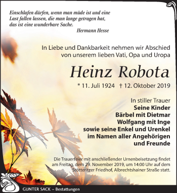 Traueranzeige von Heinz Robota von Leipziger Volkszeitung