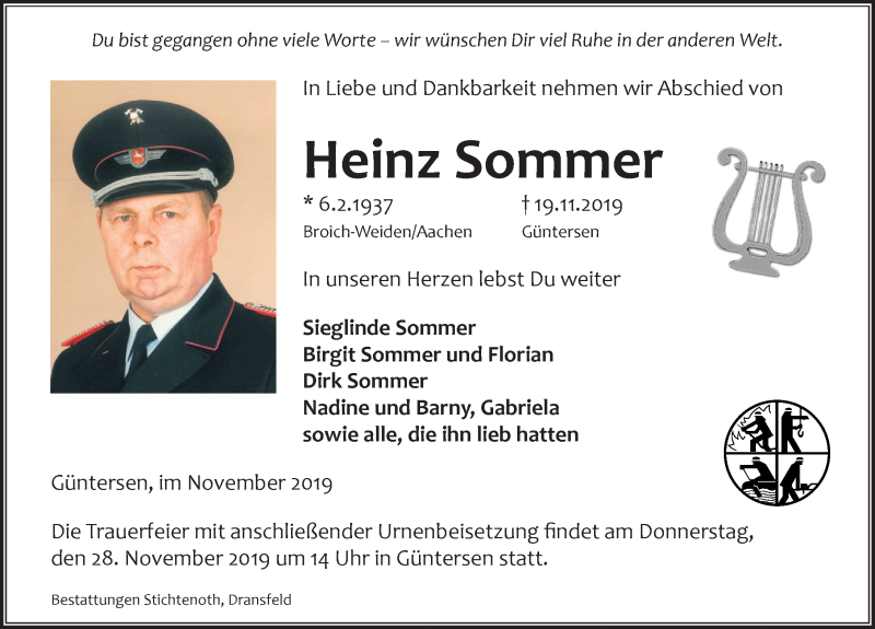  Traueranzeige für Heinz Sommer vom 23.11.2019 aus Göttinger Tageblatt