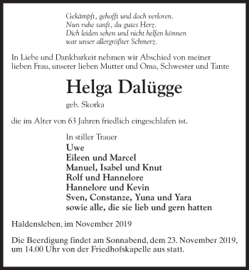 Traueranzeige von Helga Dalügge von Märkischen Allgemeine Zeitung