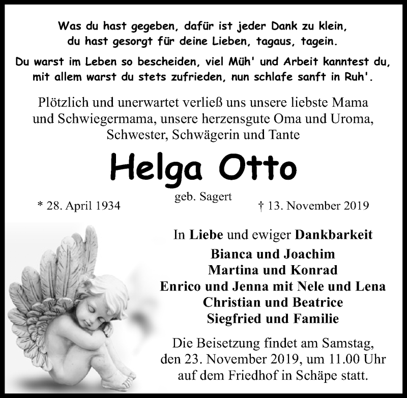  Traueranzeige für Helga Otto vom 16.11.2019 aus Märkischen Allgemeine Zeitung