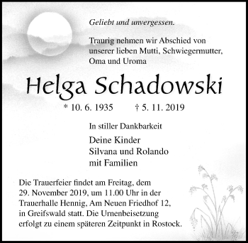 Traueranzeige von Helga Schadowski von Ostsee-Zeitung GmbH