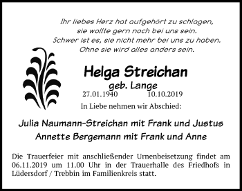 Traueranzeige von Helga Streichan von Märkischen Allgemeine Zeitung