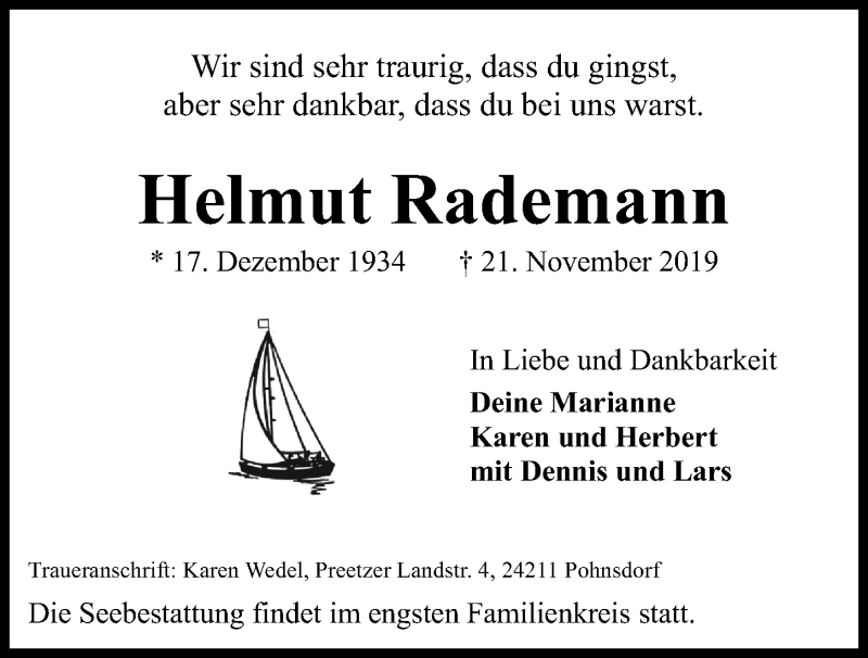  Traueranzeige für Helmut Rademann vom 30.11.2019 aus Kieler Nachrichten