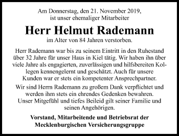 Traueranzeige von Helmut Rademann von Kieler Nachrichten