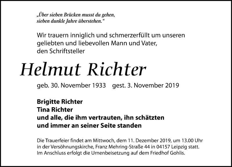  Traueranzeige für Helmut Richter vom 30.11.2019 aus Leipziger Volkszeitung