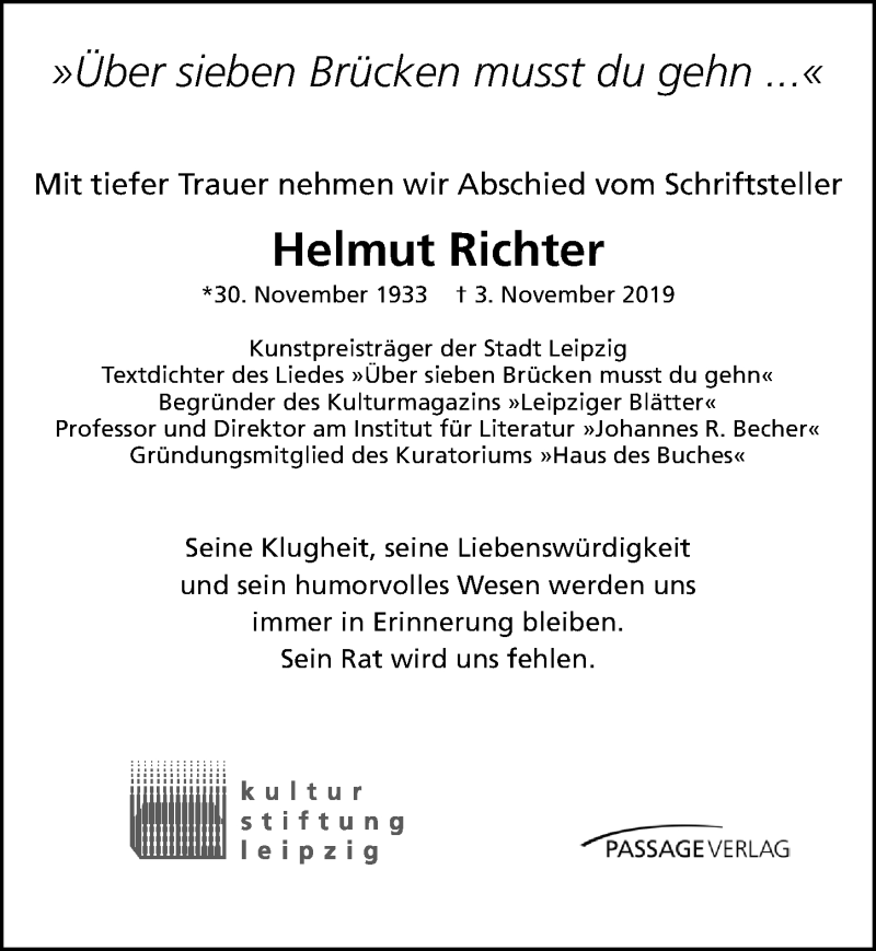  Traueranzeige für Helmut Richter vom 09.11.2019 aus Leipziger Volkszeitung