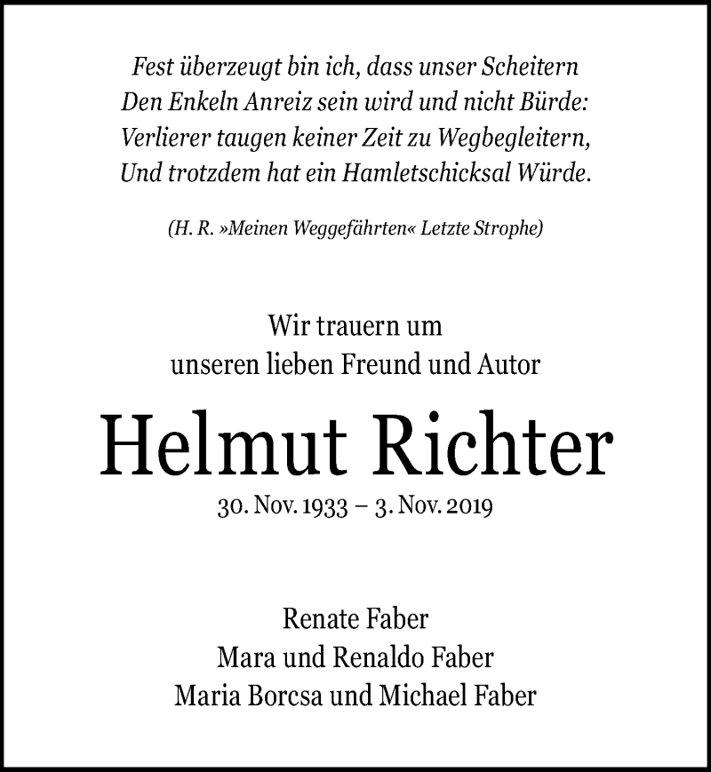  Traueranzeige für Helmut Richter vom 09.11.2019 aus Leipziger Volkszeitung
