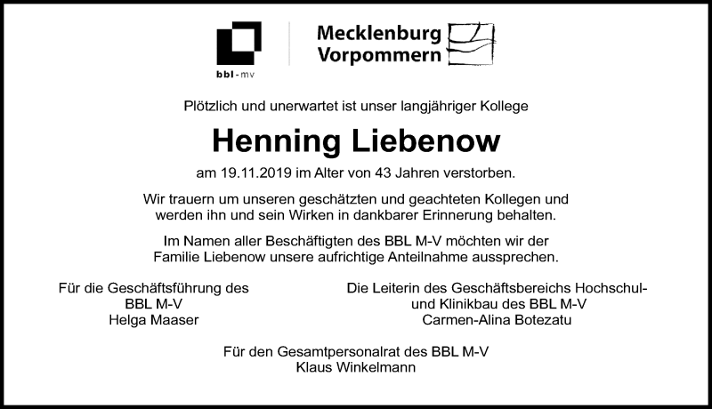  Traueranzeige für Henning Liebenow vom 30.11.2019 aus Ostsee-Zeitung GmbH