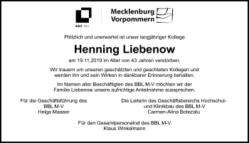 Traueranzeige von Henning Liebenow von Ostsee-Zeitung GmbH