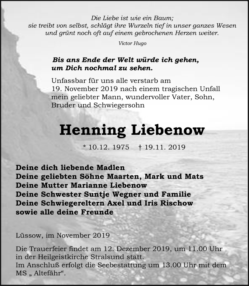  Traueranzeige für Henning Liebenow vom 30.11.2019 aus Ostsee-Zeitung GmbH