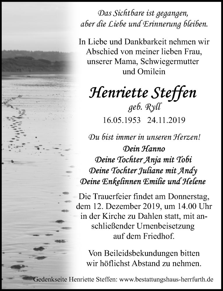  Traueranzeige für Henriette Steffen vom 30.11.2019 aus Märkischen Allgemeine Zeitung