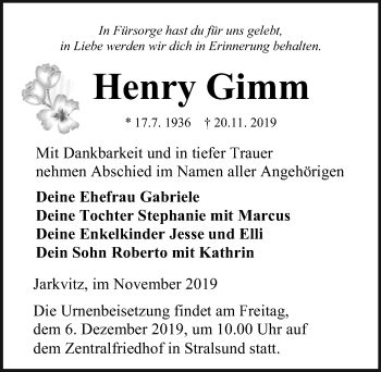 Traueranzeige von Henry Gimm von Ostsee-Zeitung GmbH