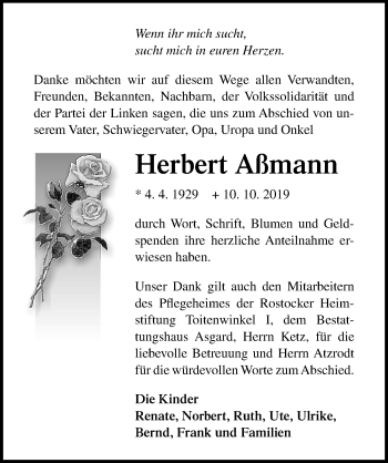 Traueranzeige von Herbert Aßmann von Ostsee-Zeitung GmbH