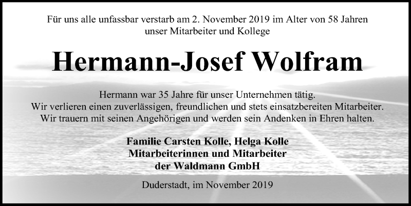  Traueranzeige für Hermann-Josef Wolfram vom 09.11.2019 aus Eichsfelder Tageblatt