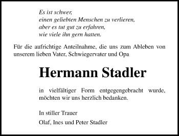 Traueranzeige von Hermann Stadler von Ostsee-Zeitung GmbH