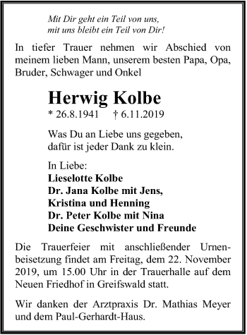 Traueranzeige von Herwig Kolbe von Ostsee-Zeitung GmbH